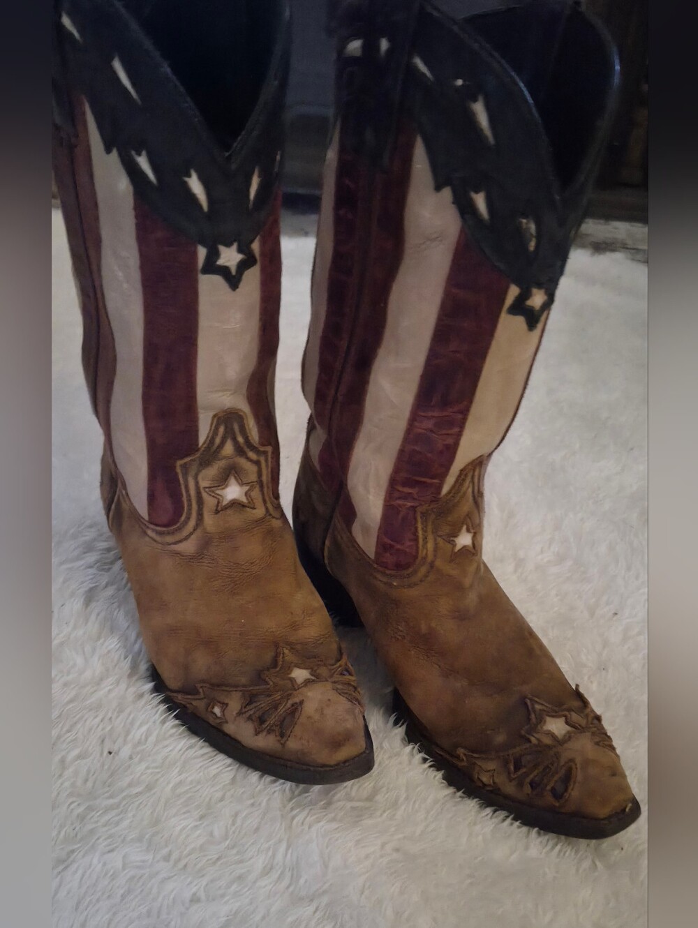 Lorado Tall Cowboy Boots in Brown with Red & Cream Stars And Strips